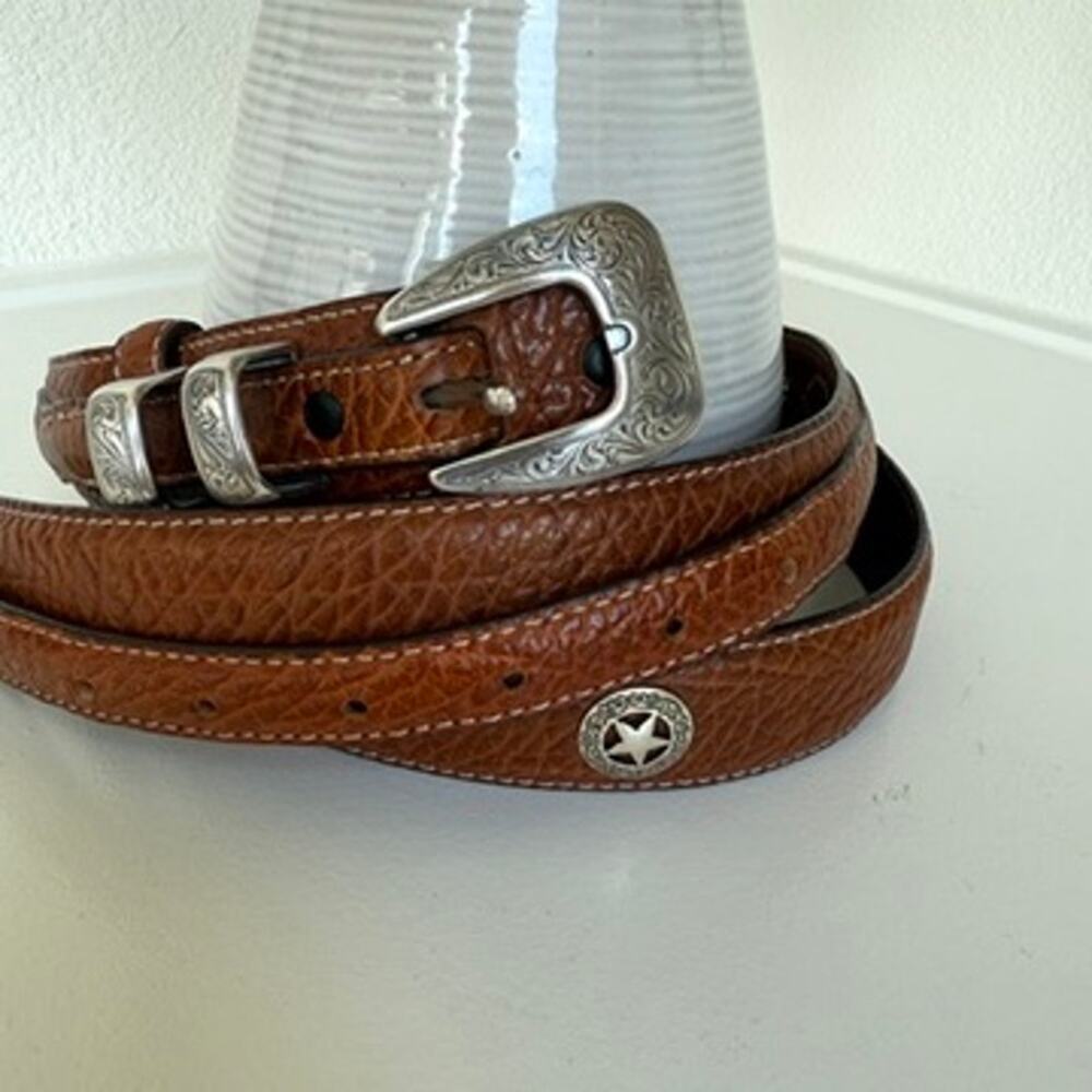 Western Tooled Silver Buckle‎ Belt American Bison Leather Brown Size 48 Cowboy - Picture 3 of 9